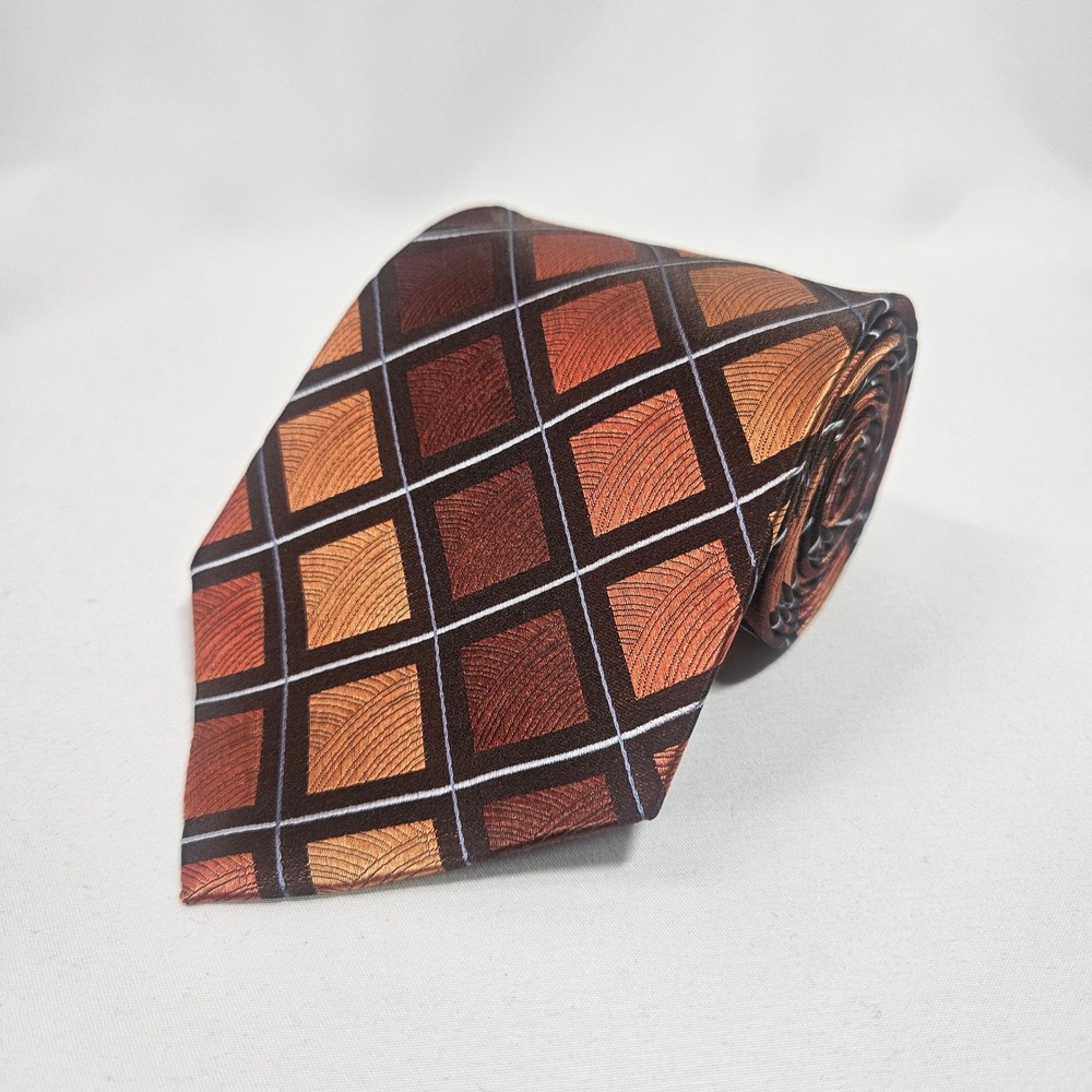 Stafford Men's Geometric Diamond Pattern Necktie Brown Orange Silk Blend